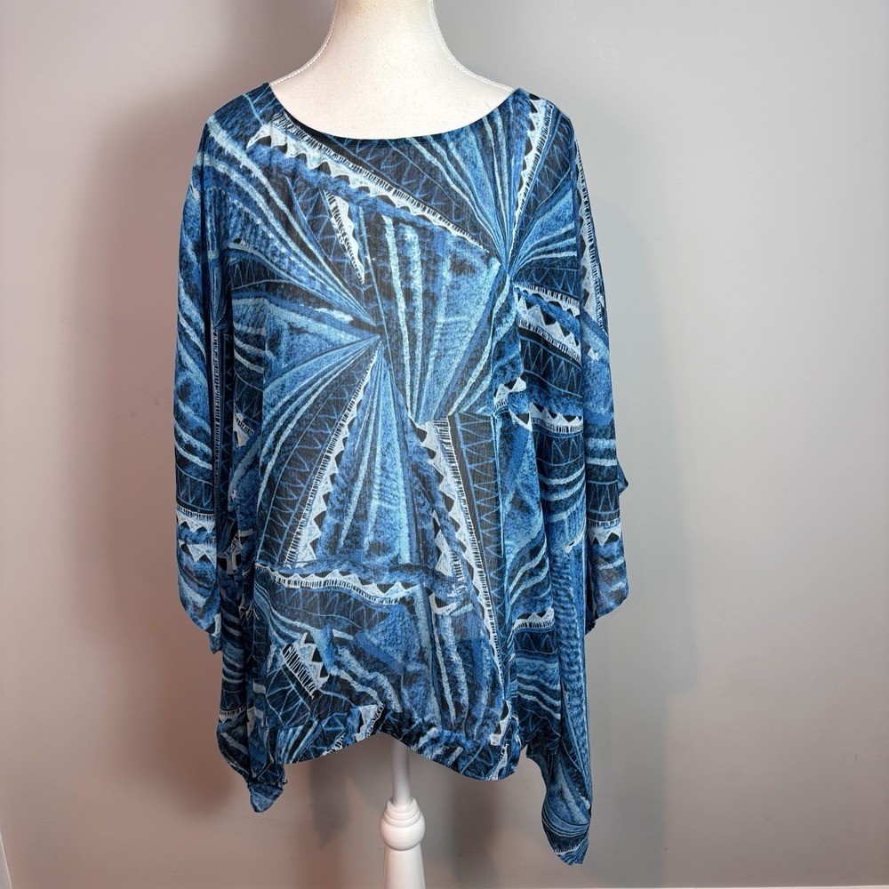 Chicos Womens Blue Abstract Semi Sheer Elastic waist poncho Blouse Sz 2/3 (L/XL)